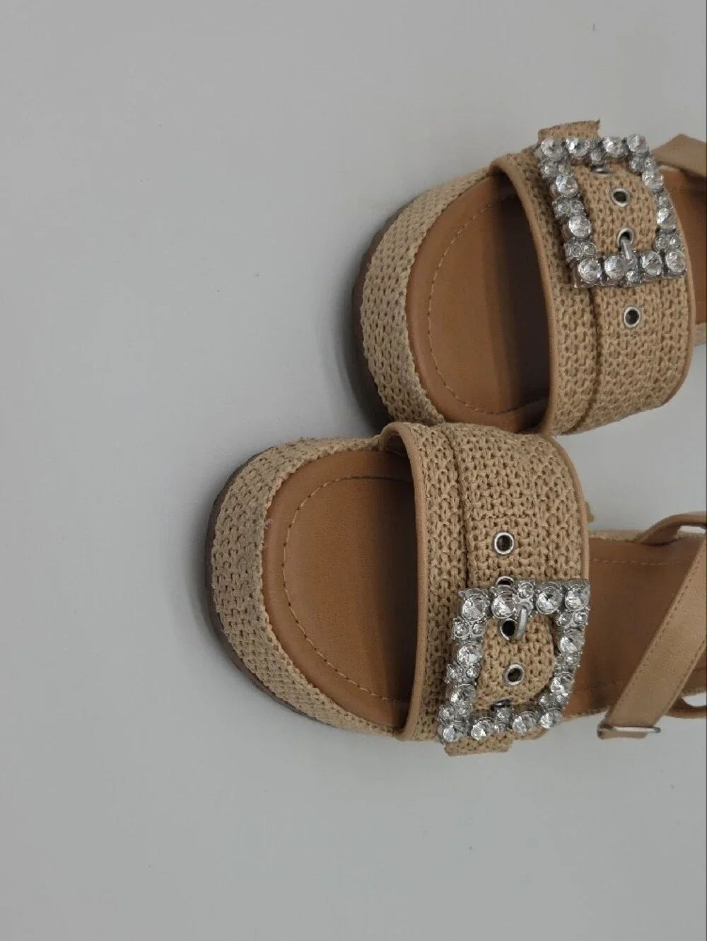 #026 Beige Raffia Platform Sandals with Crystal Buckles